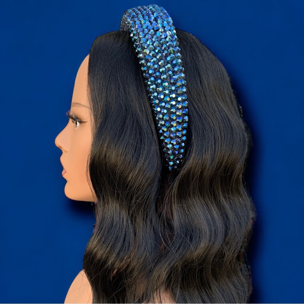 Blue Handmade Rhinestone Festival Coachella Sparkle Bling Statement Headband - Picture 3 of 4